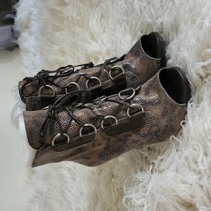 BCBGeneration Zuton Snakeskin Leopard Leather Lace Up Peep Toe Heeled Booties